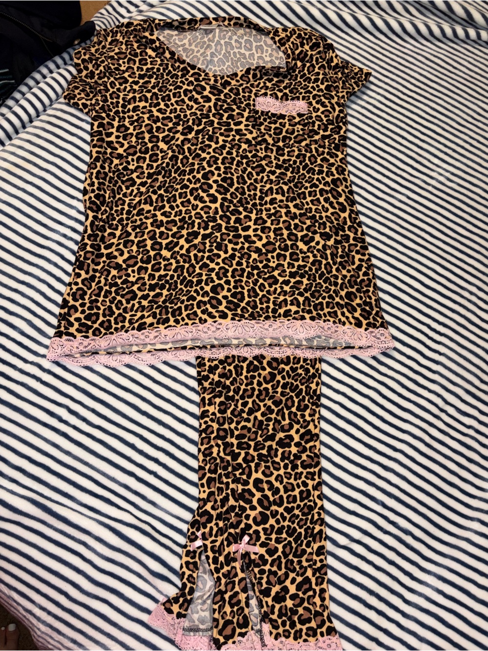 Leopard-Print Women's Pajama Set with Pink Lace Trim